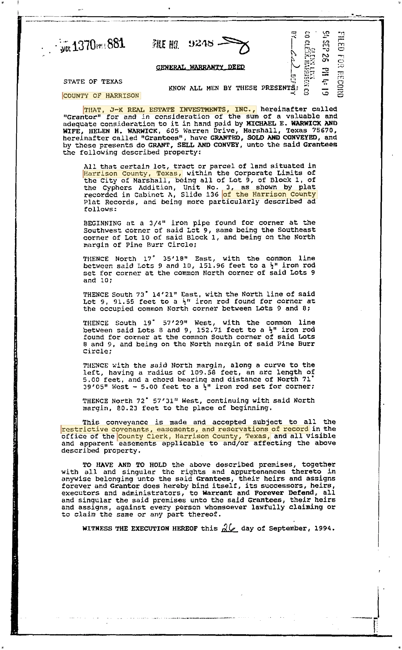J-K Real Estate Investments Inc. - Recorded Warranty Deed (Vol. 1370, Page 881)