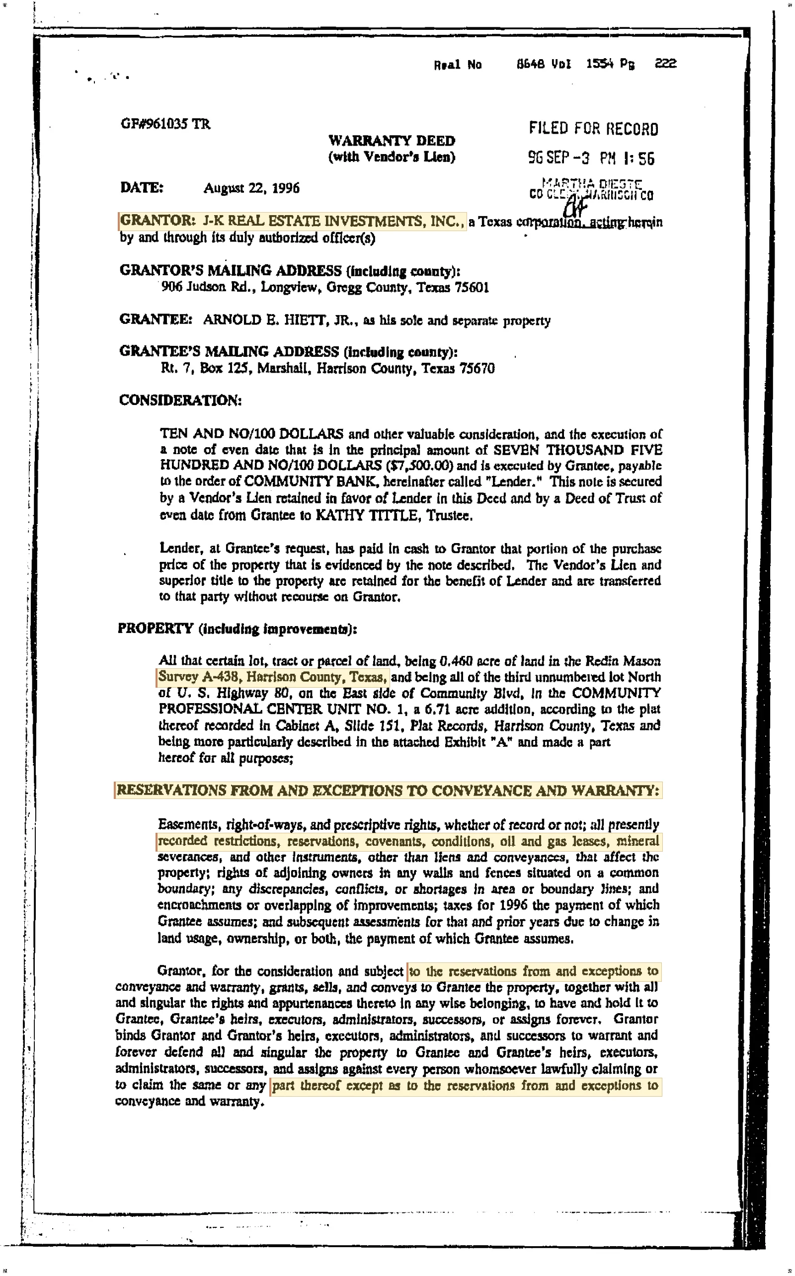 J-K Real Estate Investments Inc. - Recorded Warranty Deed (Vol. 1554, Page 222)