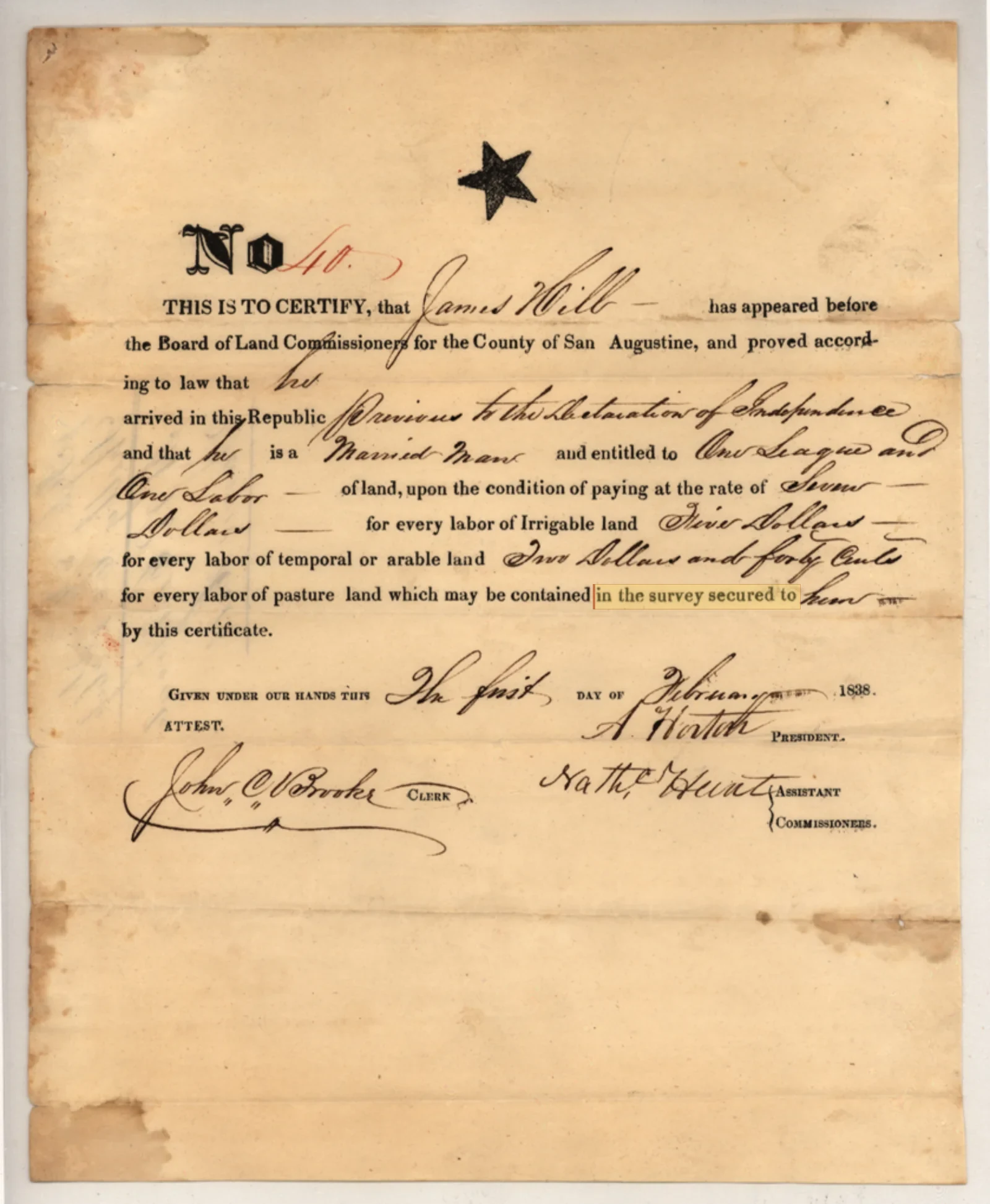 Hill, James Original Cursive Land Grant & Field Notes (Harrison County, Abstract A-300)